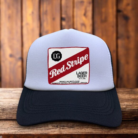 Red Stripe Beer Mens Trucker Hat Black Snapback Jamaican Lager Baseball Cap - Picture 1 of 4